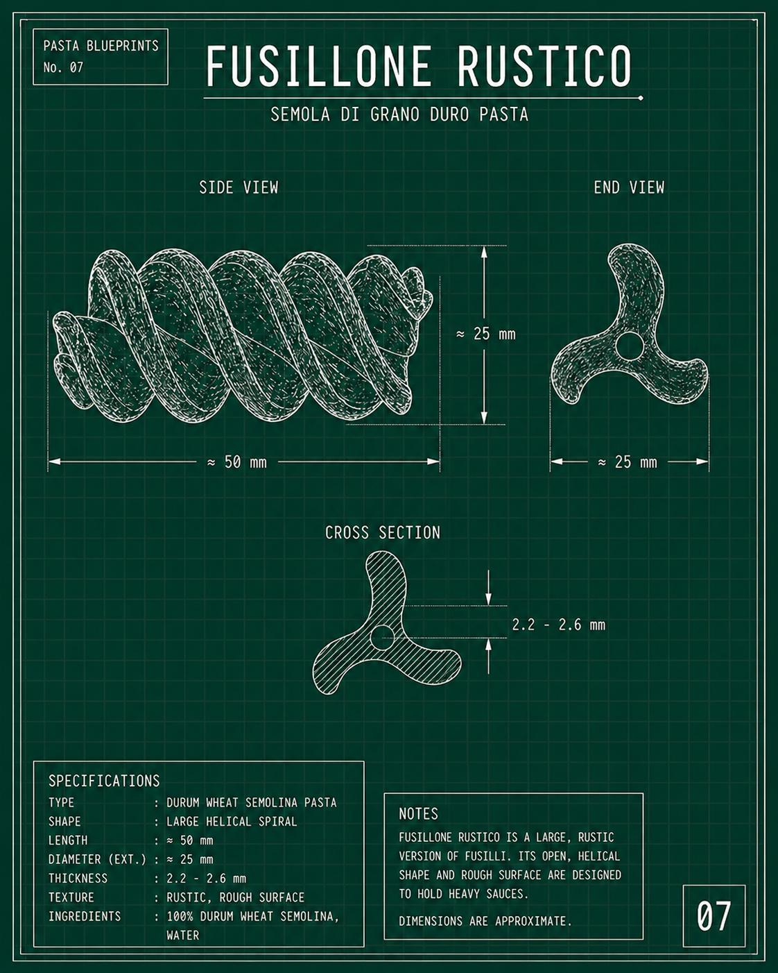 Fusillone Rustico technical blueprint — large helical spiral semolina pasta