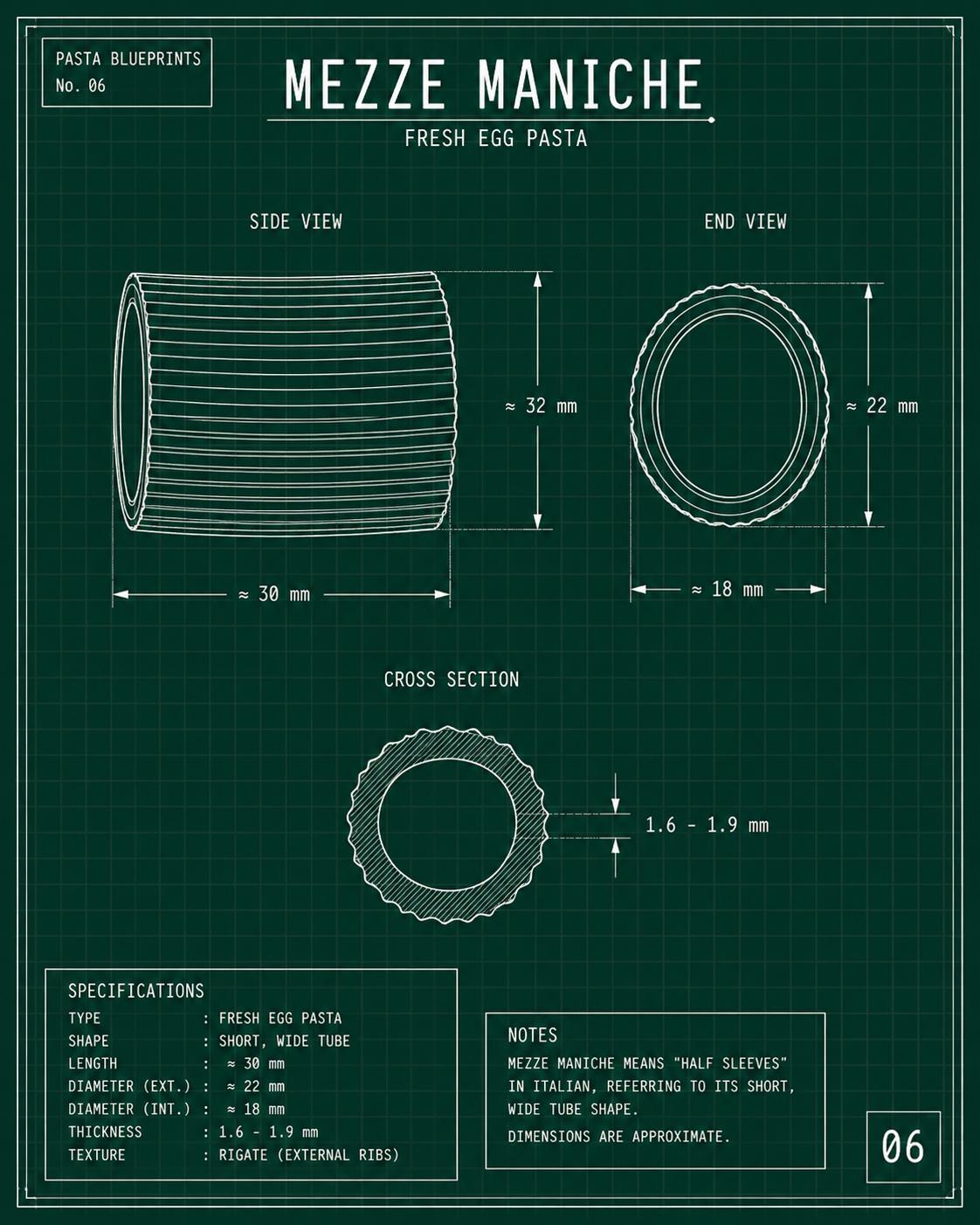Mezze Maniche technical blueprint — short ridged tube fresh egg pasta